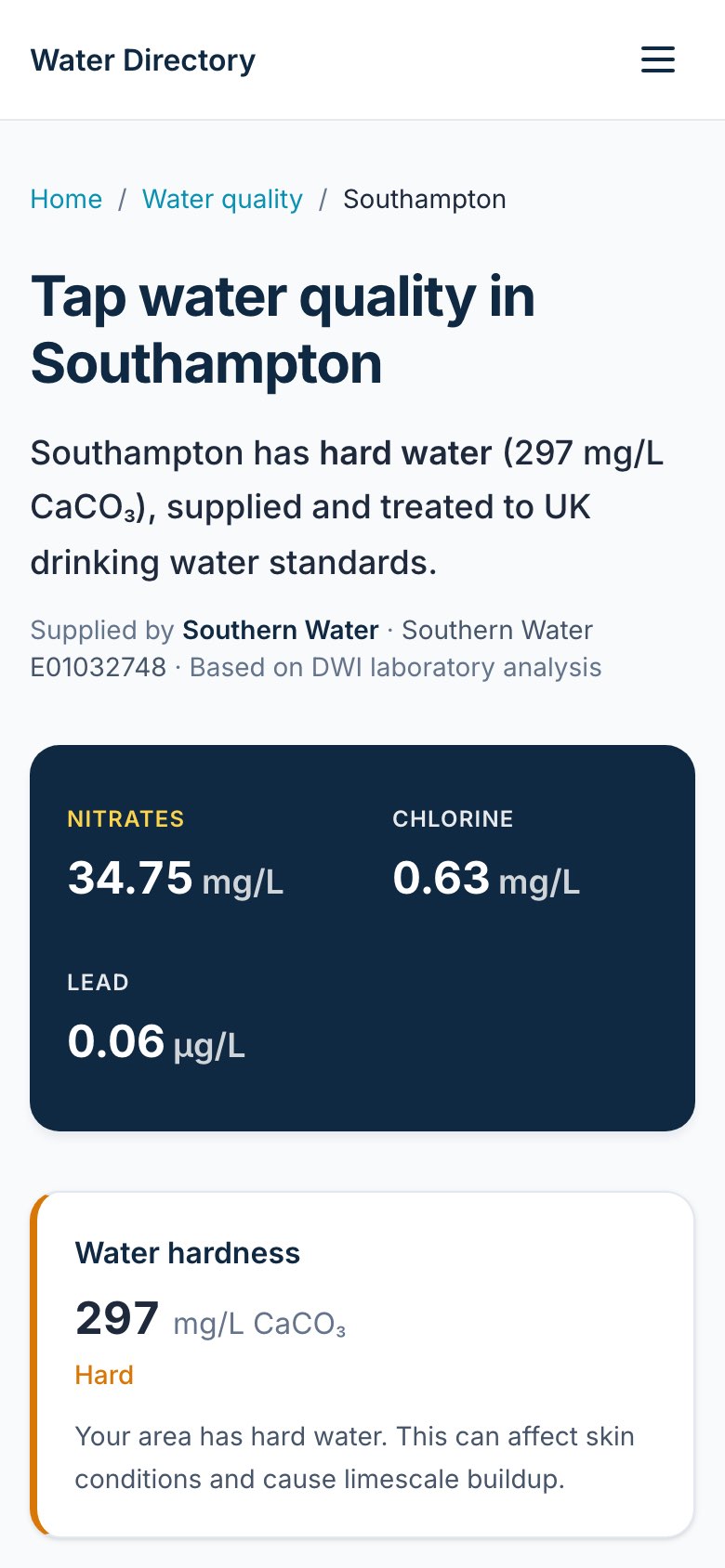The same Southampton water-quality page on a phone.